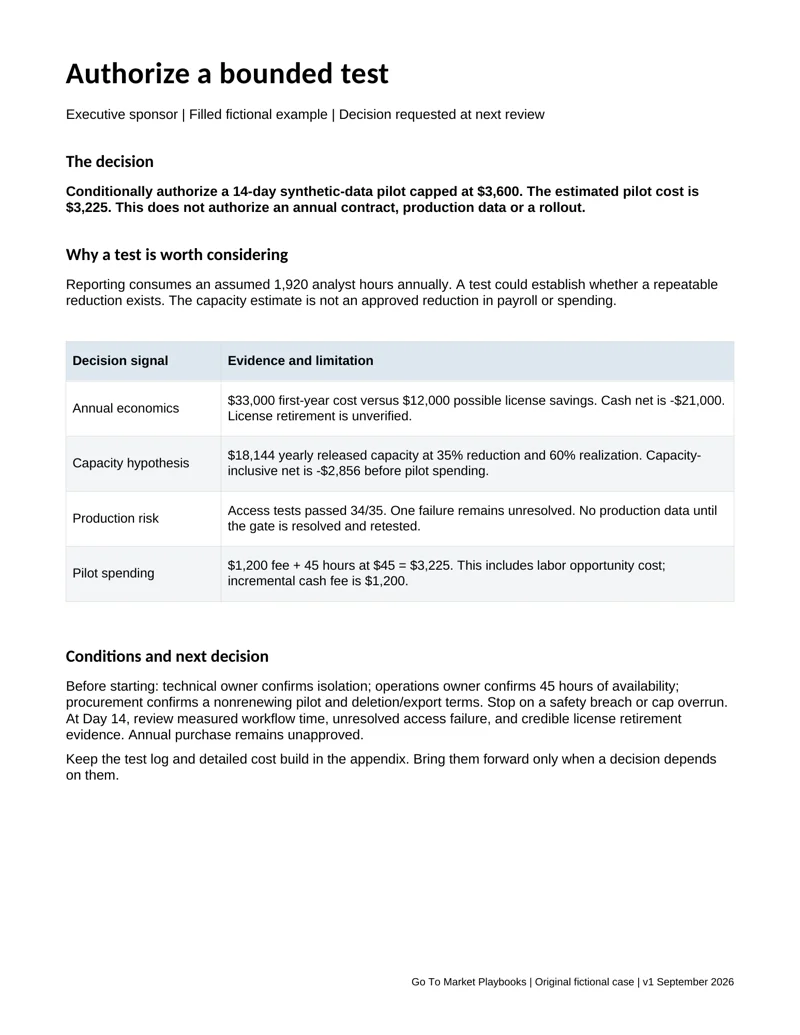 Preview of the executive sponsor file showing its information hierarchy and completed fictional case